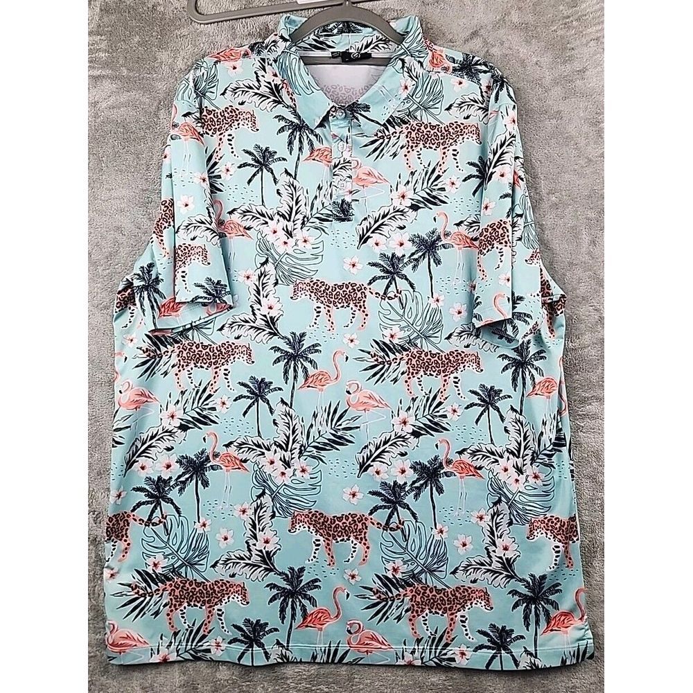 Greenside‎ Golf Polo Shirt Mens XXL Tropical Floral Leopard Hawaiian Blue
